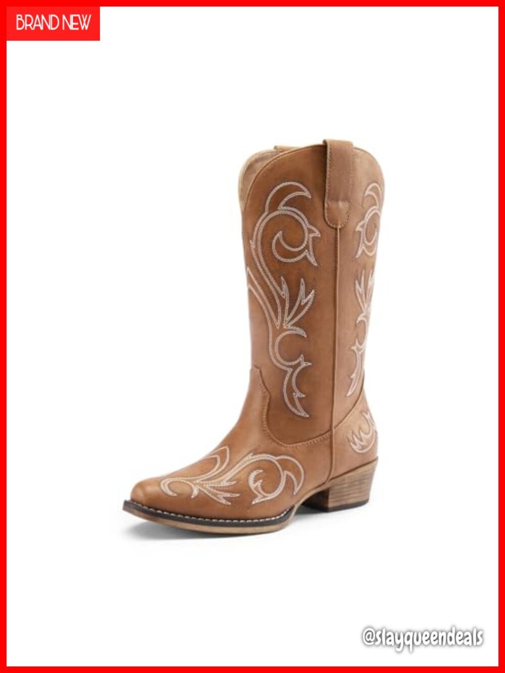 Women's Mid Calf Cowboy Boots Square Toe Western Slip On Vegan Leather